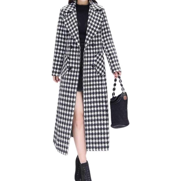 Women's Black Houndstooth Notched Collar Double Breasted Trench Coat Plaid
